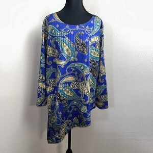 Slinky Brand Blouse Women's XL Paisley Animal Print Artsy Asymmetric 3/4 Sleeve